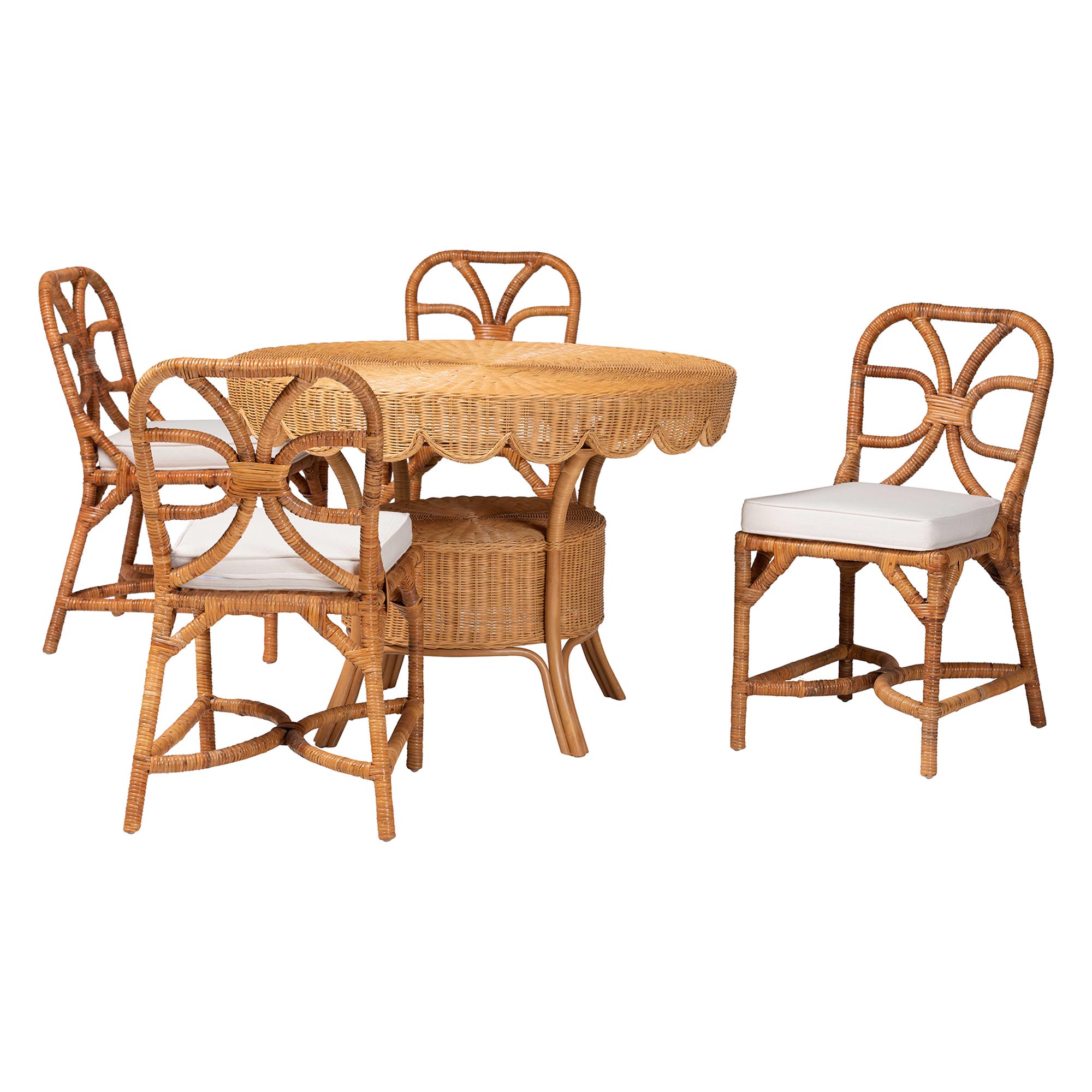 bali & pari Trenton 5-Piece Rattan Dining Set - Round Wicker Table with Scallop Edge and 4 Side Chairs, Handwoven Boho Coastal Style for Dining, Kitchen or Sun Room, Light Honey Affordable modern furniture in Chicago, classic dining room furniture, modern dining sets, cheap dining sets